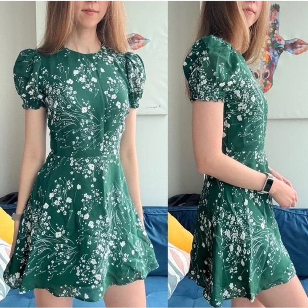 Reformation Irma green white floral puff short sleeve A-line lined mini dress 2